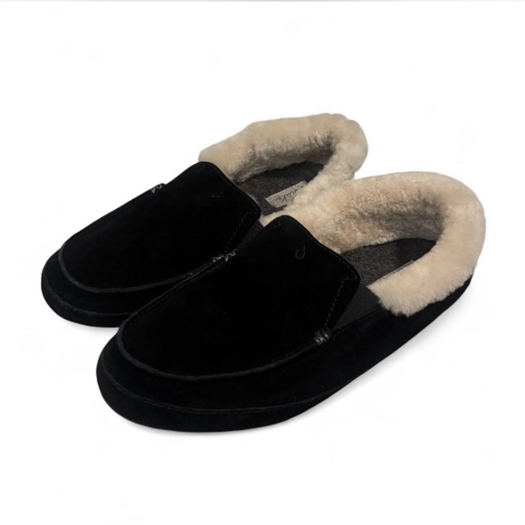 OluKai Women's Ku'una Black Nubuck Leather Slippers with Soft Shearling Size 9 - Picture 4 of 6